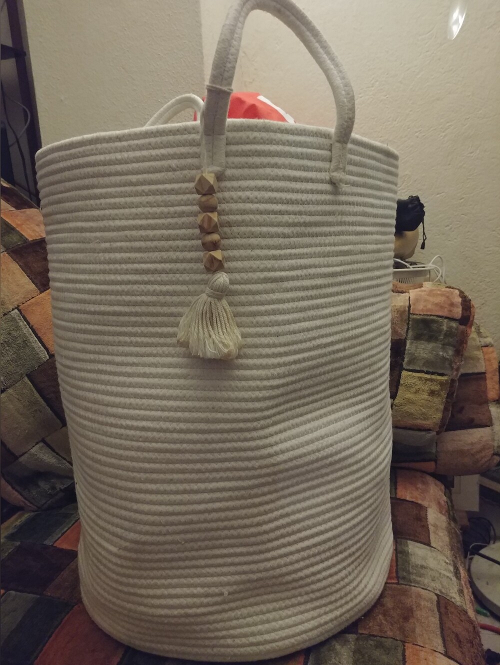Cream Rope Tote Basket Bag with Tassel
